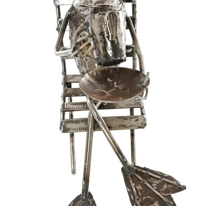 Coffee Sipping Metal Frog Sculpture