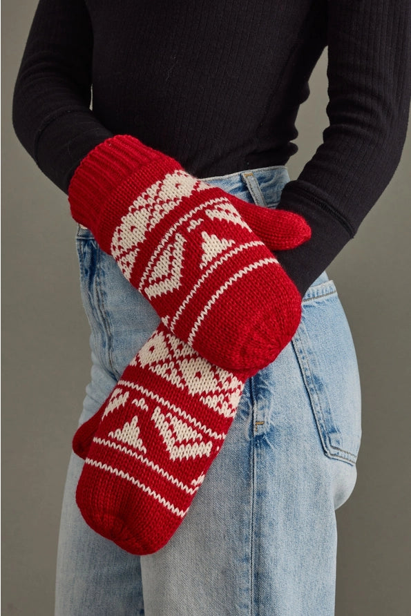 Red & Cream Patterned Mittens