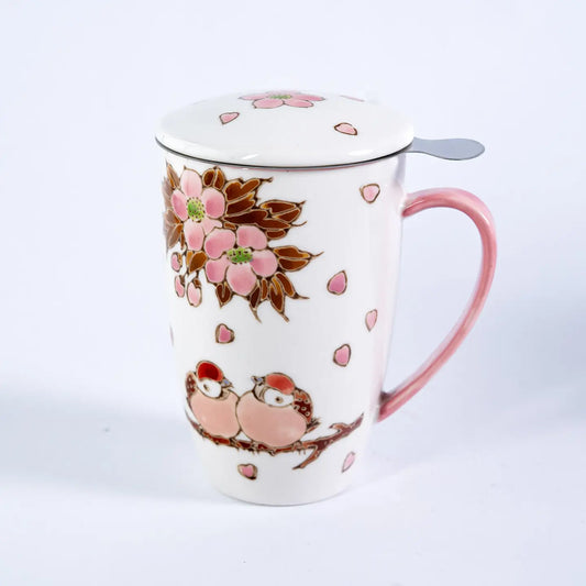 Tea Infuser Mug 15oz Twin Sparrows Cherry Blossoms
