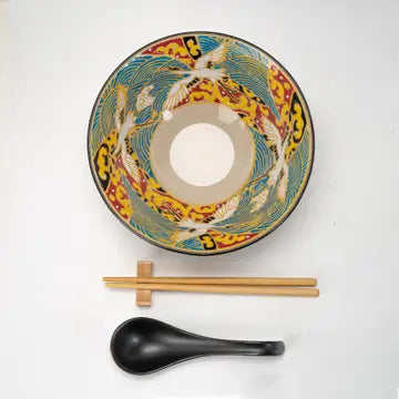 Japanese Crane 24oz Bowl with Chopsticks + Spoon Set