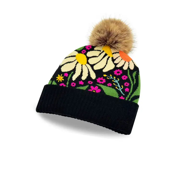 Black Knit Pom Beanie Daisy Floral