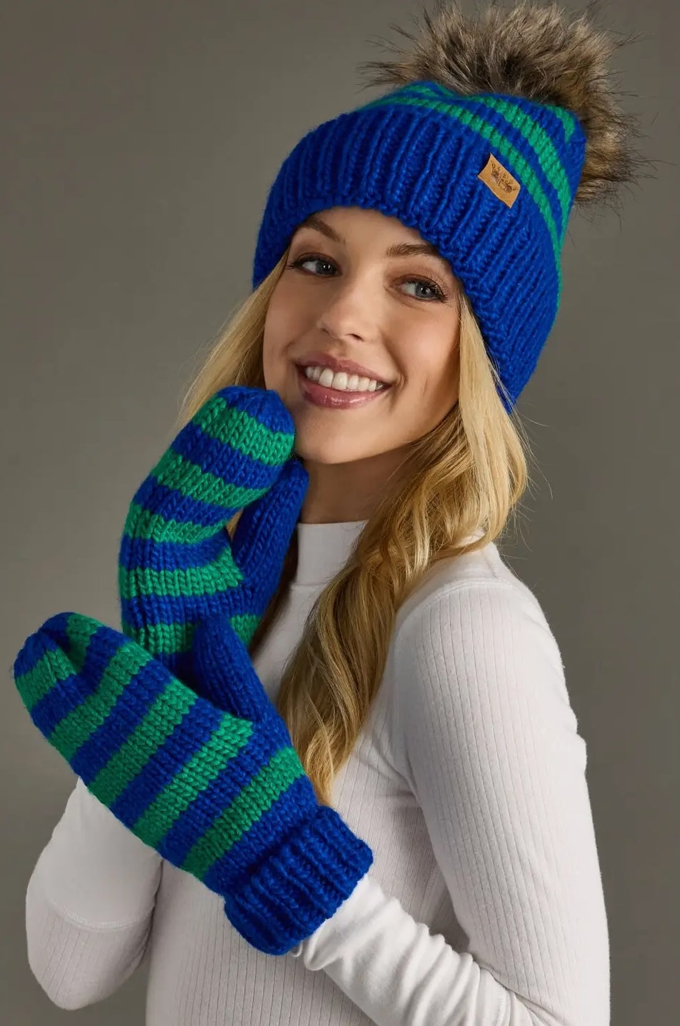 Royal Blue & Green Striped Mittens