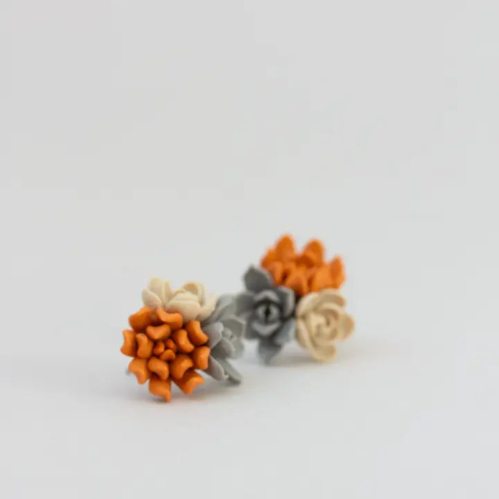 Succulent Stud Earrings - Orange Gray Echeveria Plant