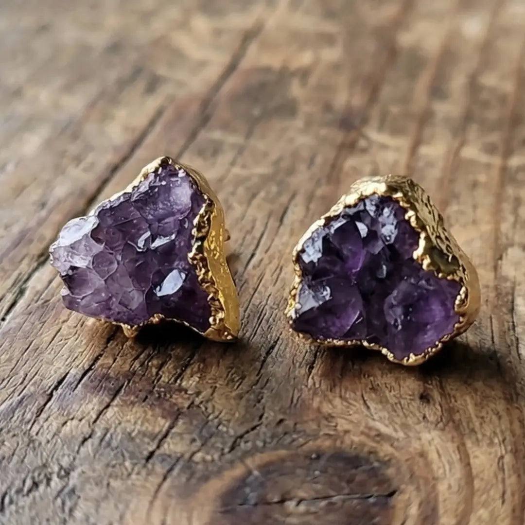 Raw Amethyst Stud Earrings Natural Purple Druzy Stones in Gold Plated Brass