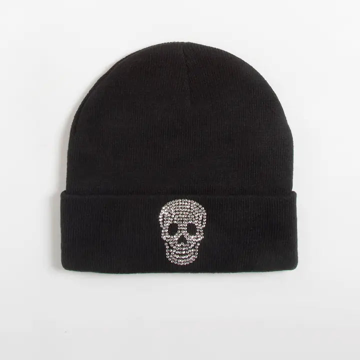 Halloween Bling Skull Knit Cuffed Beanie Black
