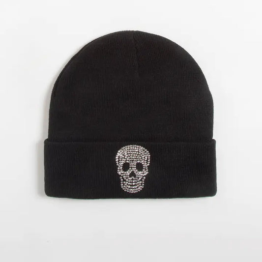 Halloween Bling Skull Knit Cuffed Beanie Black