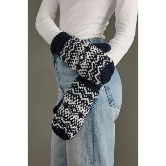 Dark Navy & White Patterned Mittens