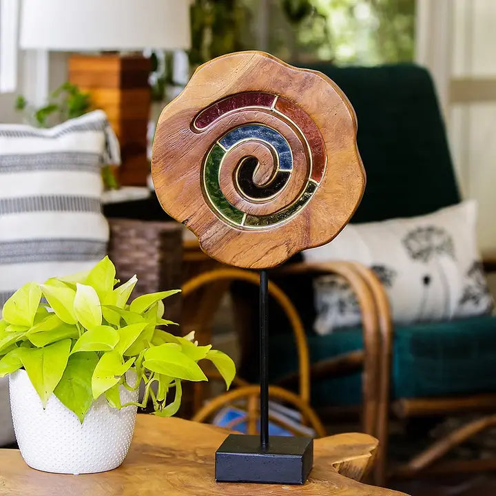 Teak Slab Stained  Glass Spiral 20"