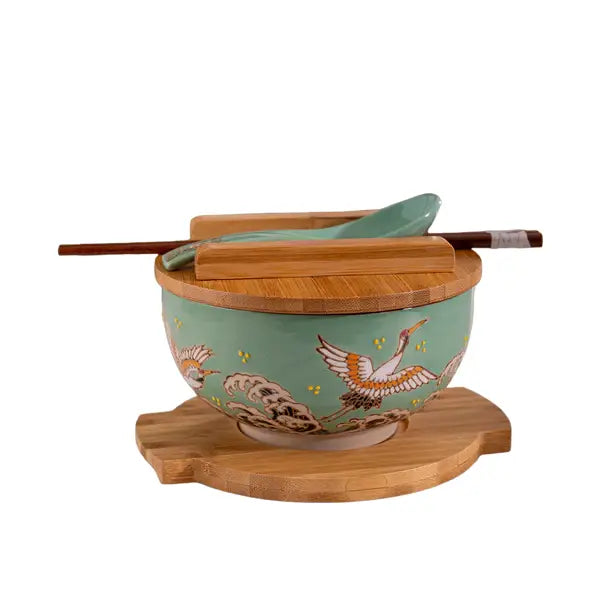 Japanese Crane Bowl with Chopsticks, Spoon, Lid & Trivet Set