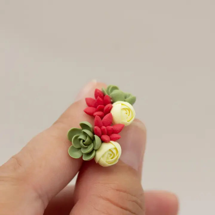 Handmade Succulent and Floral Bouquet Earrings - Red Green