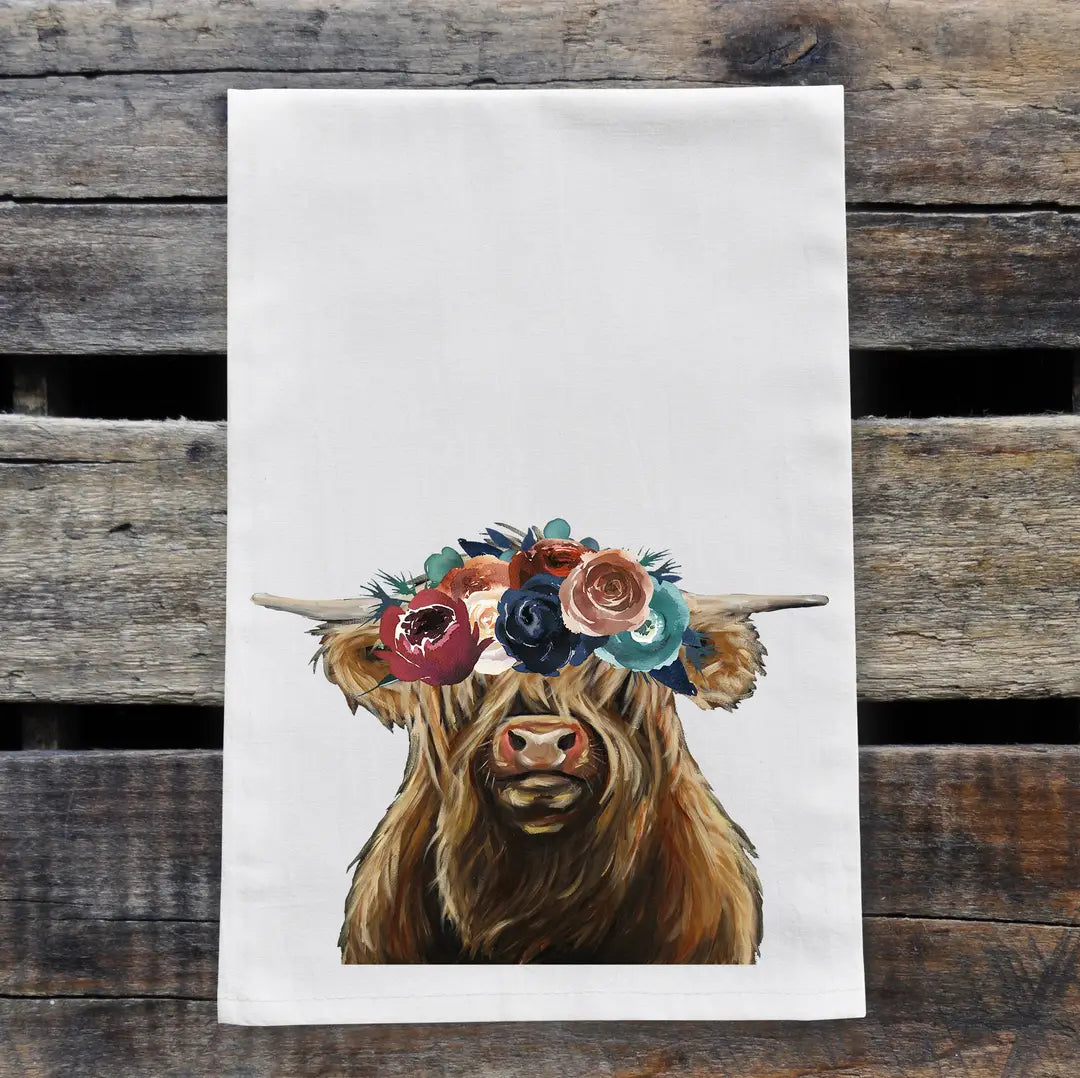Highland Cow Boho Flowers Kitchen Towel