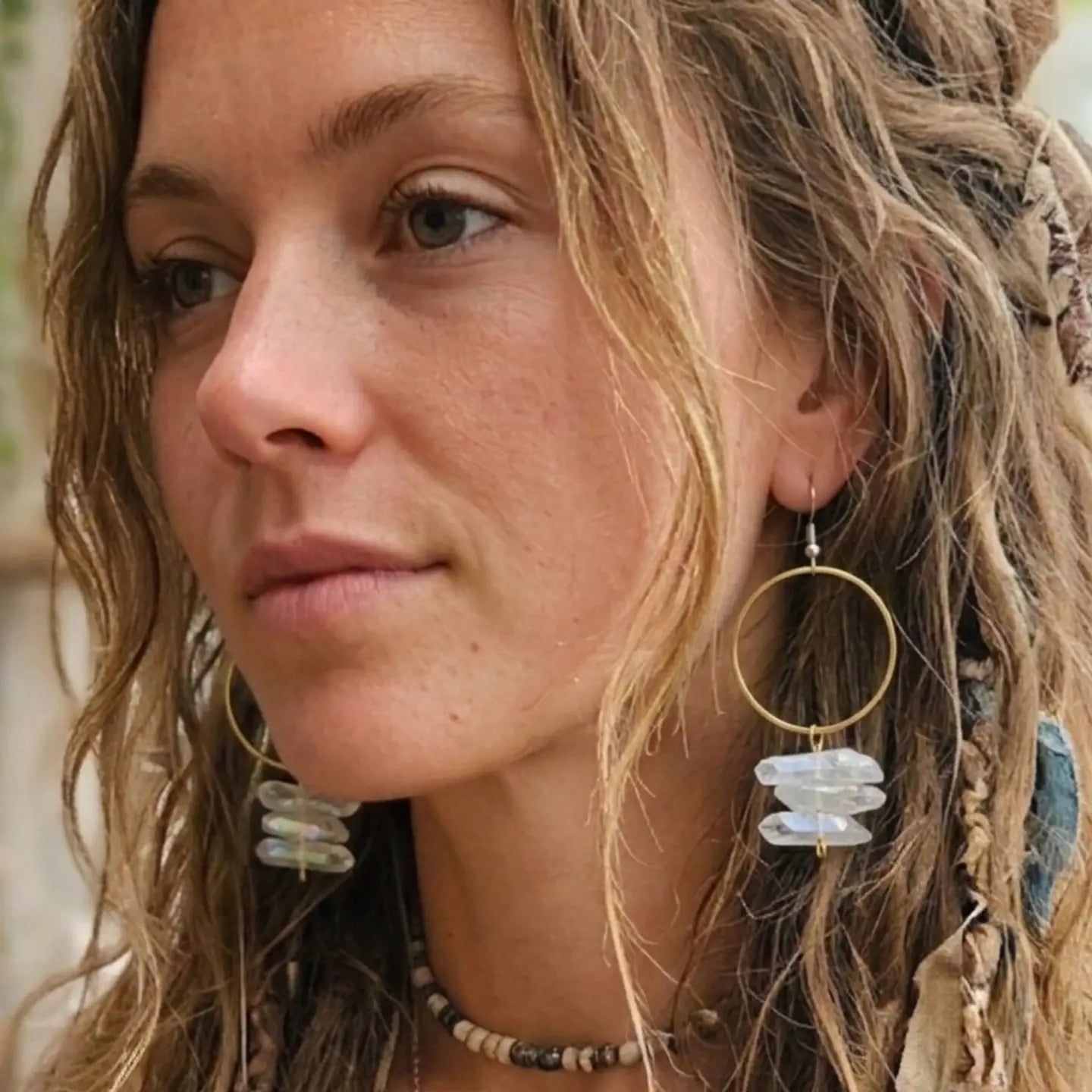 Organic White Aura Quartz Hoop Earrings