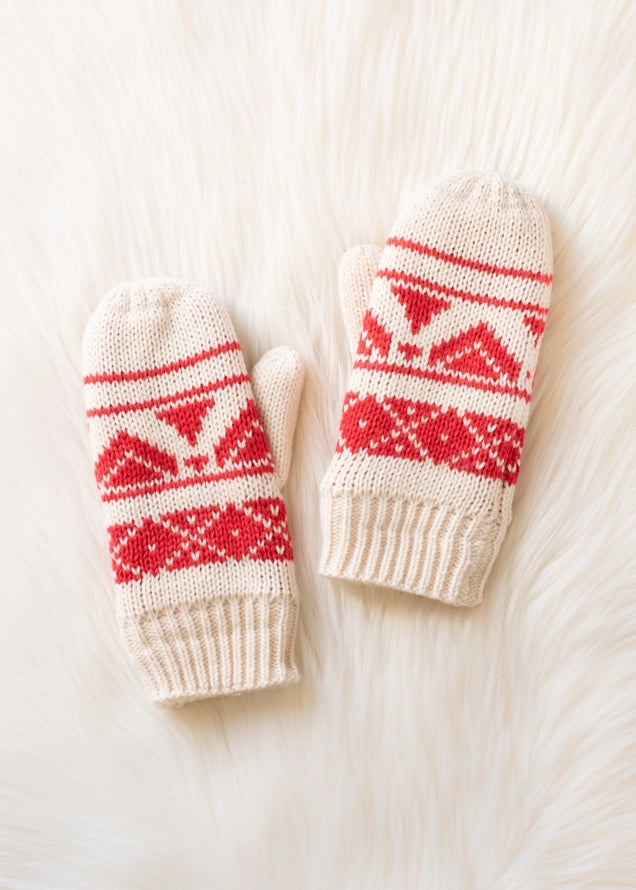 Cream & Red Patterned Mittens