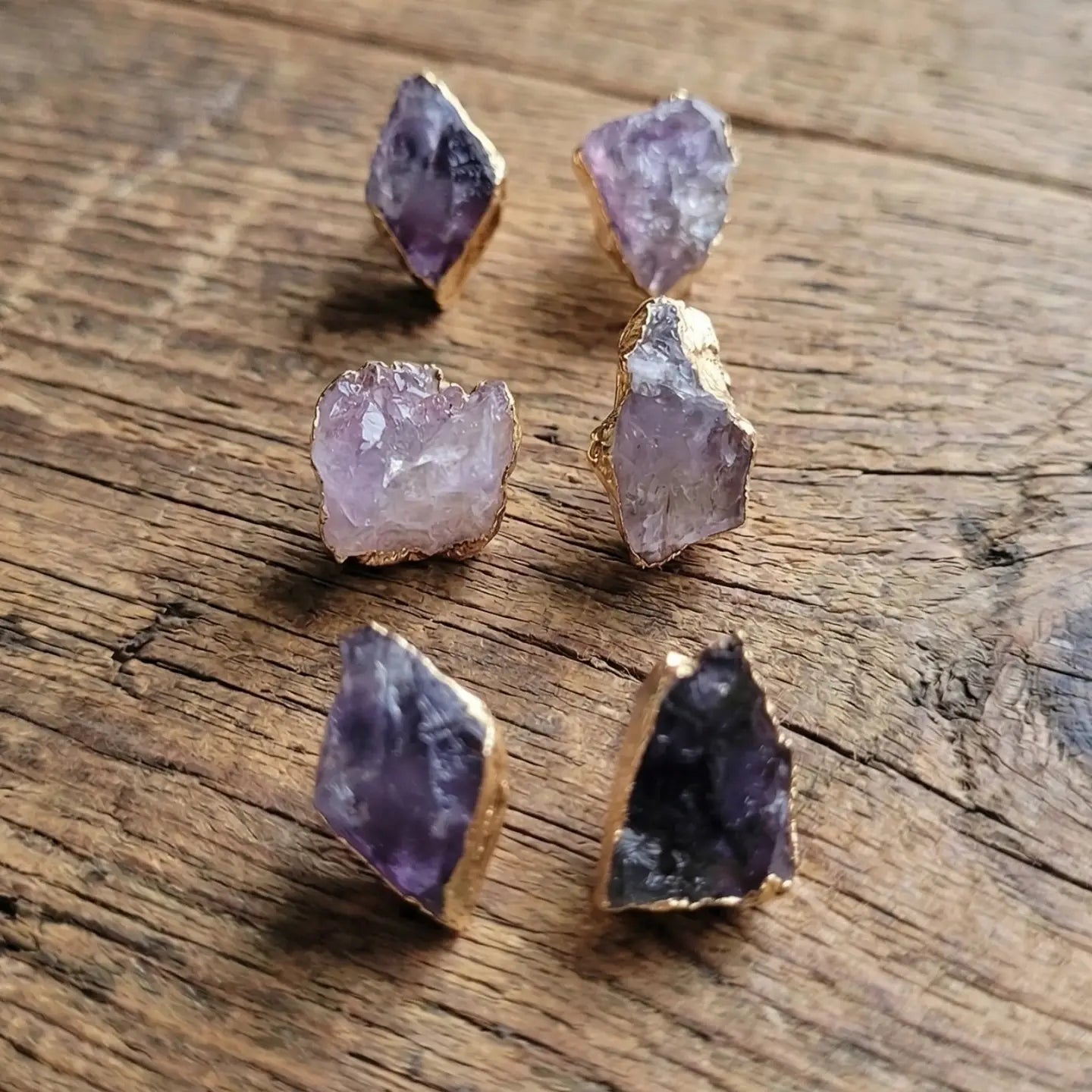 Raw Amethyst Stud Earrings Natural Purple Druzy Stones in Gold Plated Brass