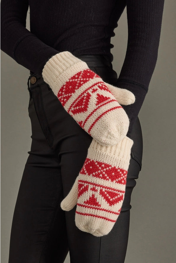 Cream & Red Patterned Mittens