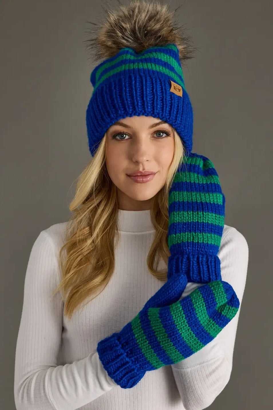 Royal Blue & Green Striped Mittens
