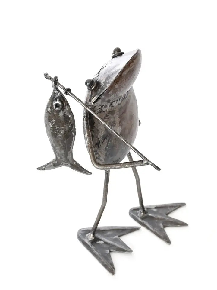 Metal Fishing Frog Sculpture