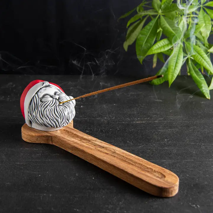 Santa Head Figure Incense Stick Holder w/ Wood tray