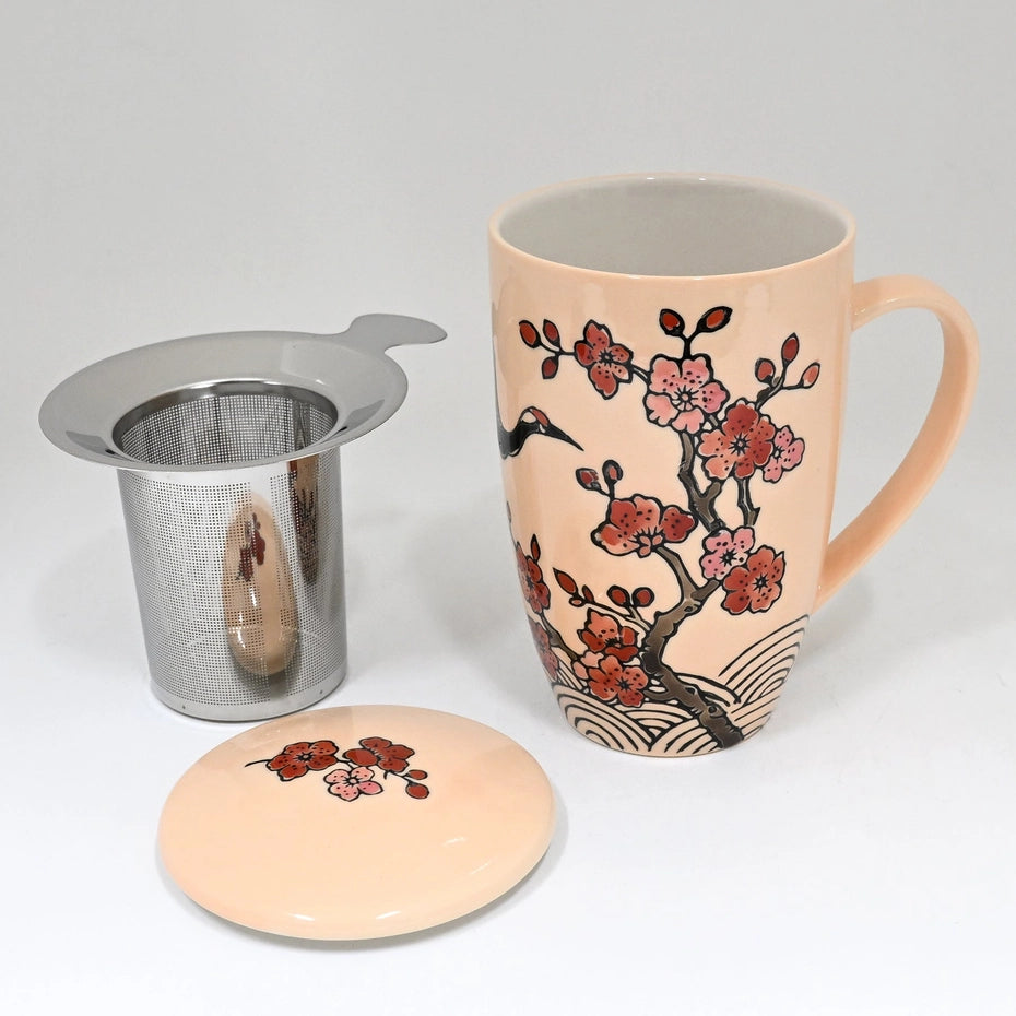 Tea Infuser Mug 15oz Crane Flower