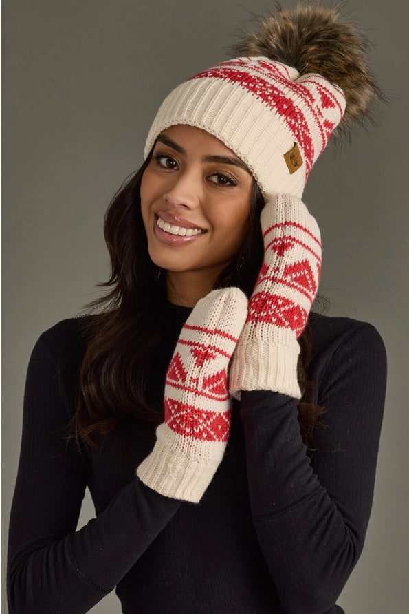 Cream & Red Patterned Mittens