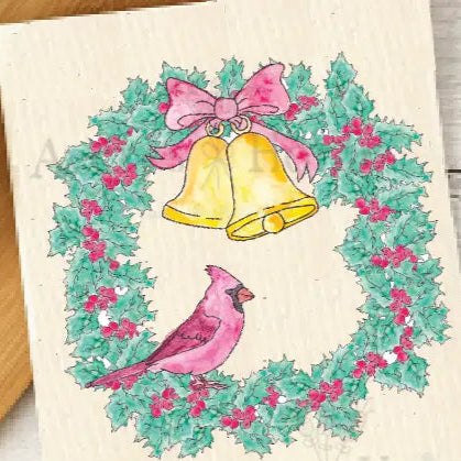 Cardinal Christmas Wreath Swedish Dishcloth