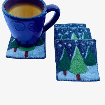 Snowy Trees Felted Wool Coasters set/4
