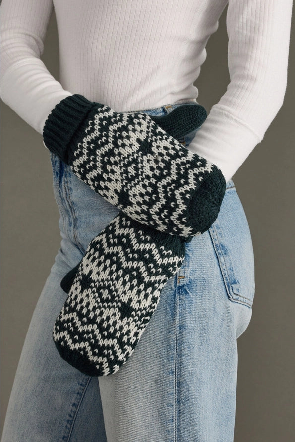 Dark Teal & White Patterned Mittens