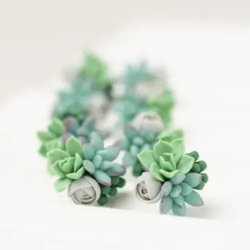 Handmade Succulent and Floral Bouquet Earrings - Blue