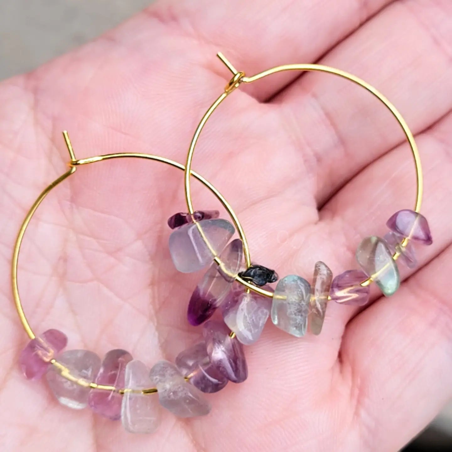 Fluorite Chip Loop Earrings 18k Gold Plated