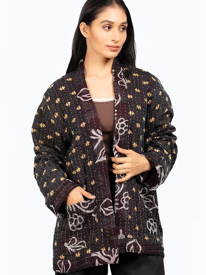 Reversible Black Kantha Quilted Sari Jacket