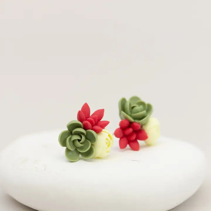 Handmade Succulent and Floral Bouquet Earrings - Red Green