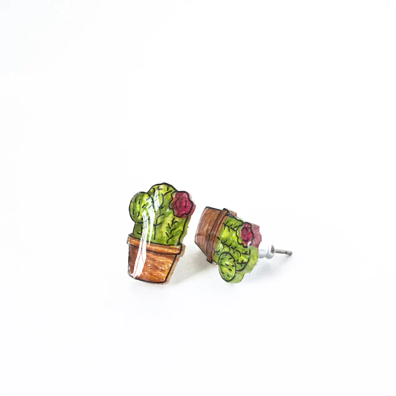 Potted Flowering Cactus Stud Earrings