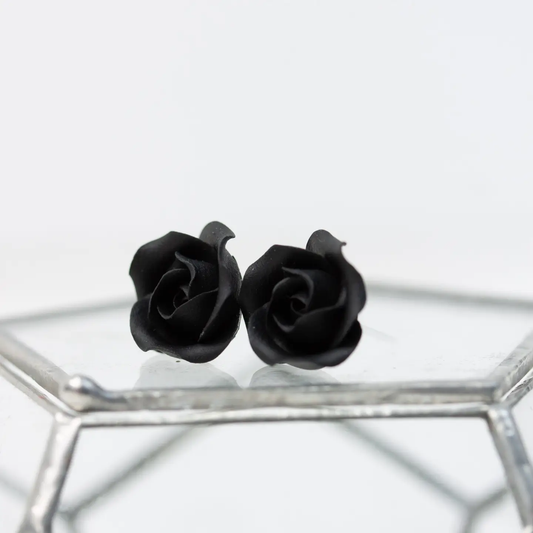 Handmade Black Rose Flower Earrings - Hypoallergenic