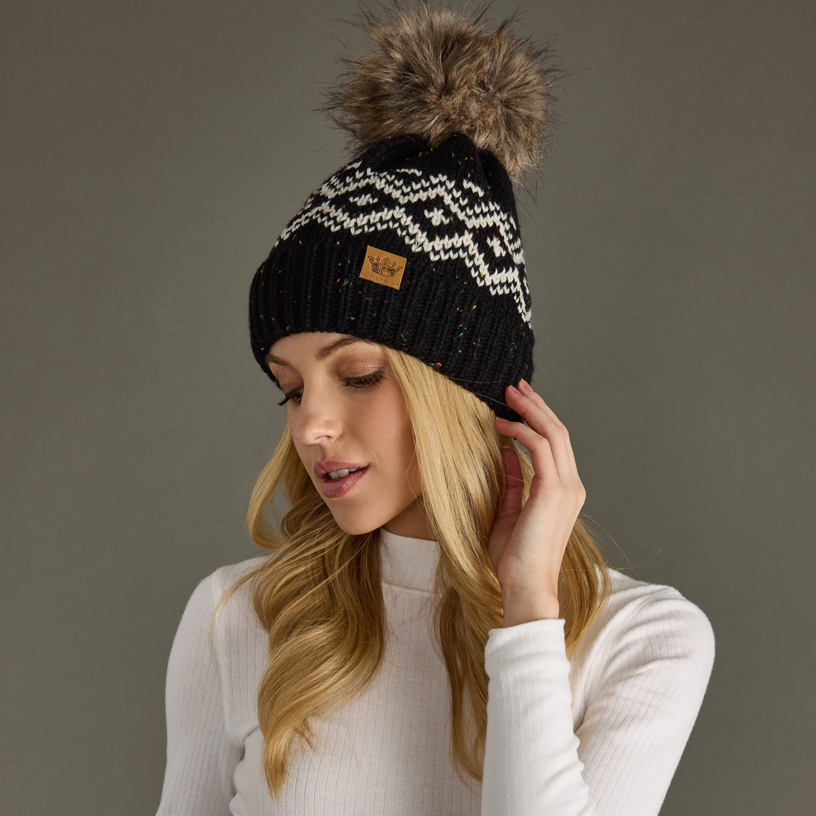 Black & Speckled Patterned Pom Hat