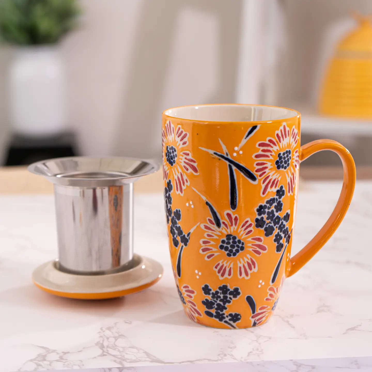 Tea Infuser Mug 15oz Yellow Flower