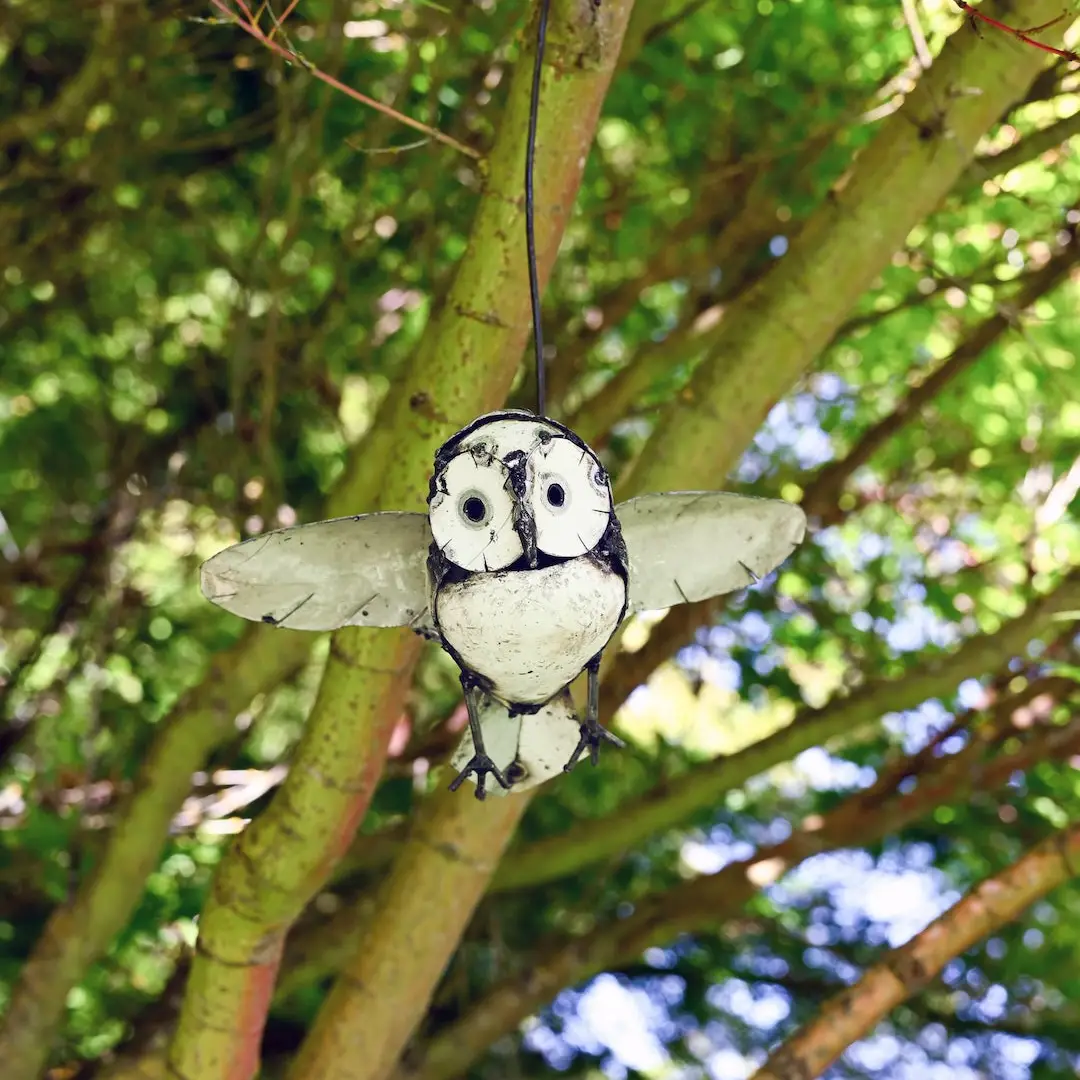 Recycled Metal Owl in Flight Hanging Sculpture