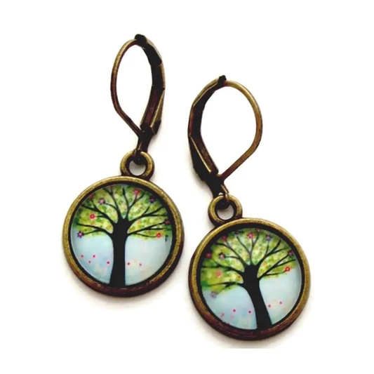 Photo Glass Green Tree Earrings