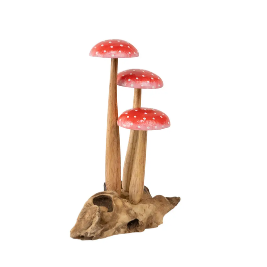 Carved Driftwood Spotted Red Mushrooms