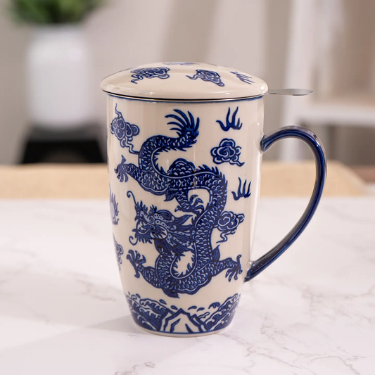 Tea Infuser Mug 15oz Navy Oriental Dragon Design