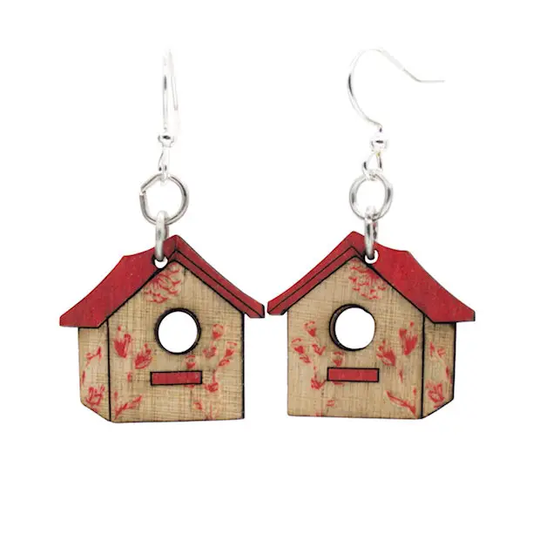 Wooden Earrings - Bird House Blossom