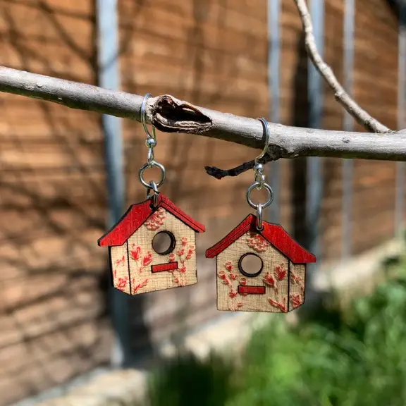 Wooden Earrings - Bird House Blossom