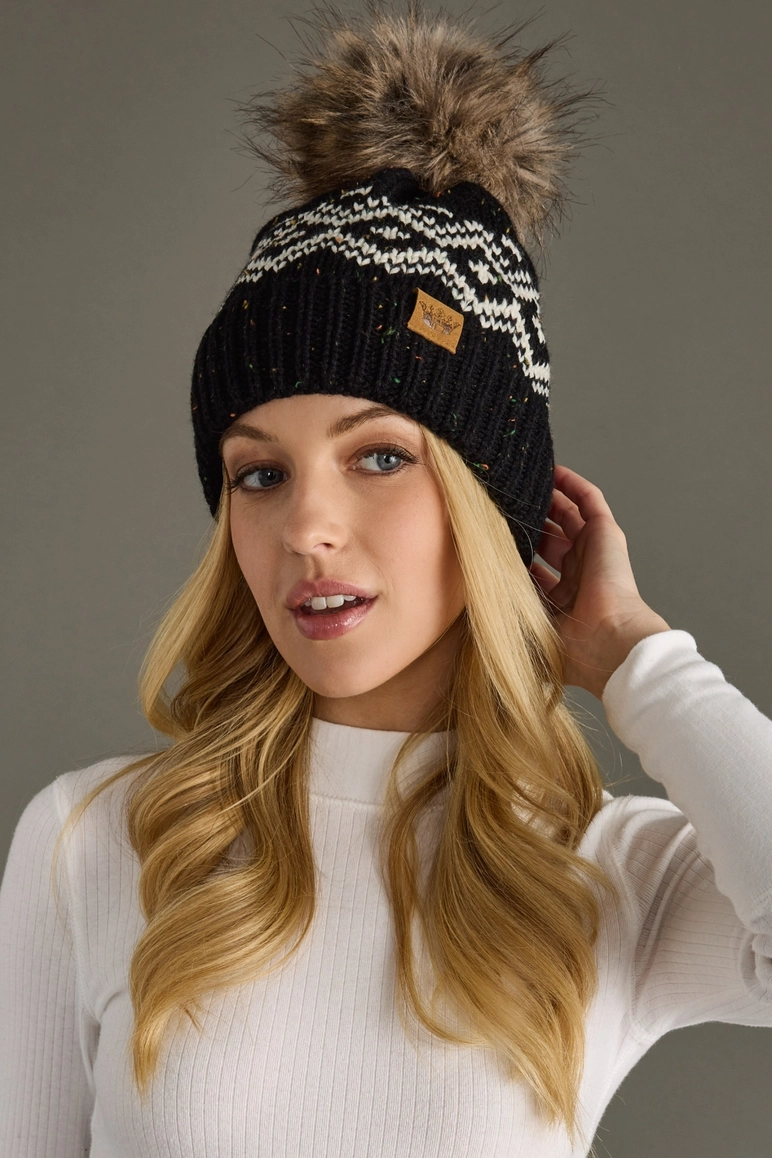 Black & Speckled Patterned Pom Hat