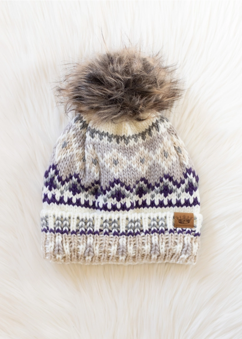 White, Purple & Taupe Pom Hat