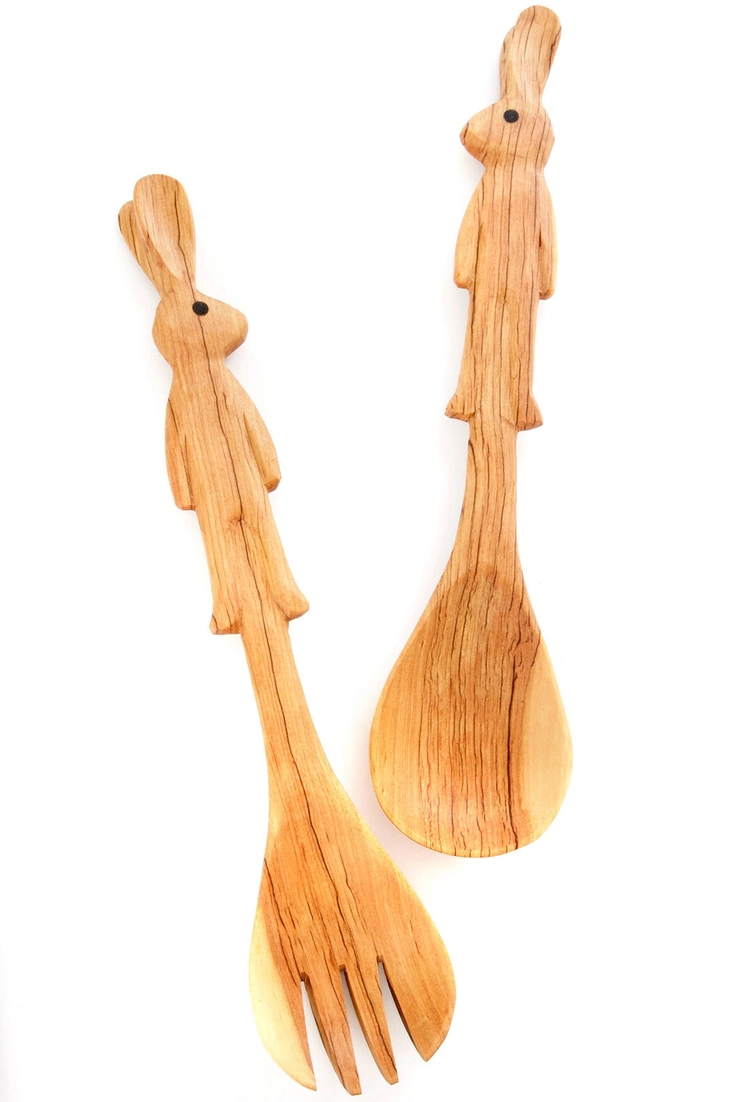 Olive Wood Bunny Salad Servers