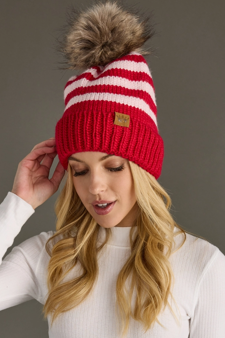 Red & Pink Striped Pom Hat
