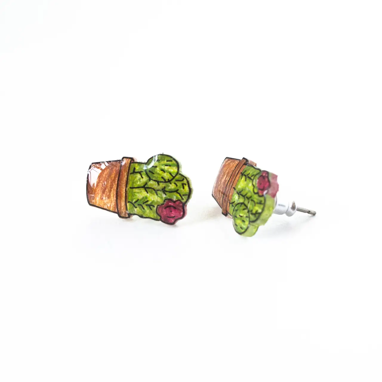 Potted Flowering Cactus Stud Earrings