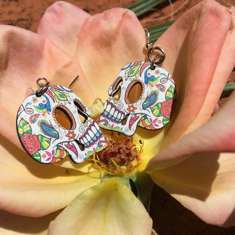 Wooden Profile Sugar Skull Earrings