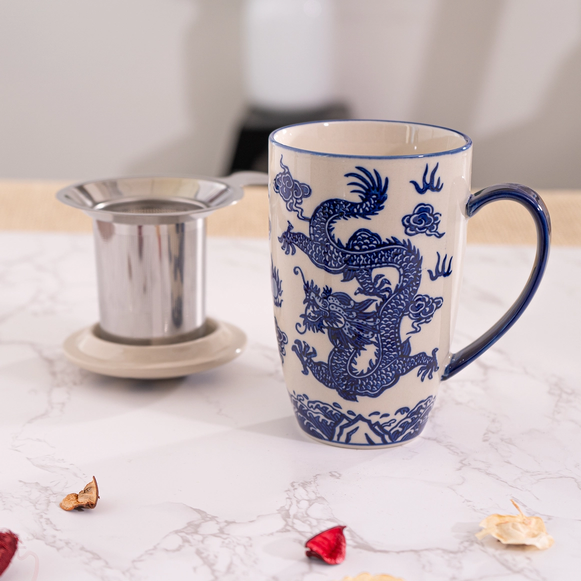 Tea Infuser Mug 15oz Navy Oriental Dragon Design