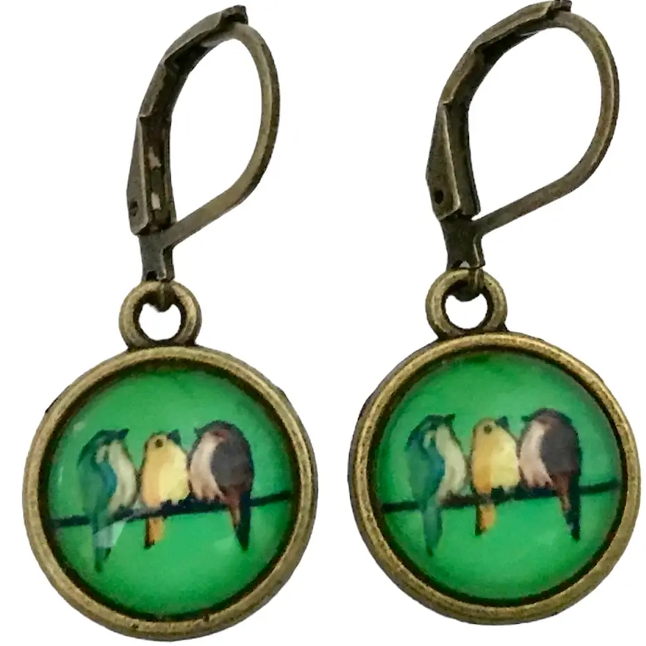 Photo Glass Green Birds Earrings