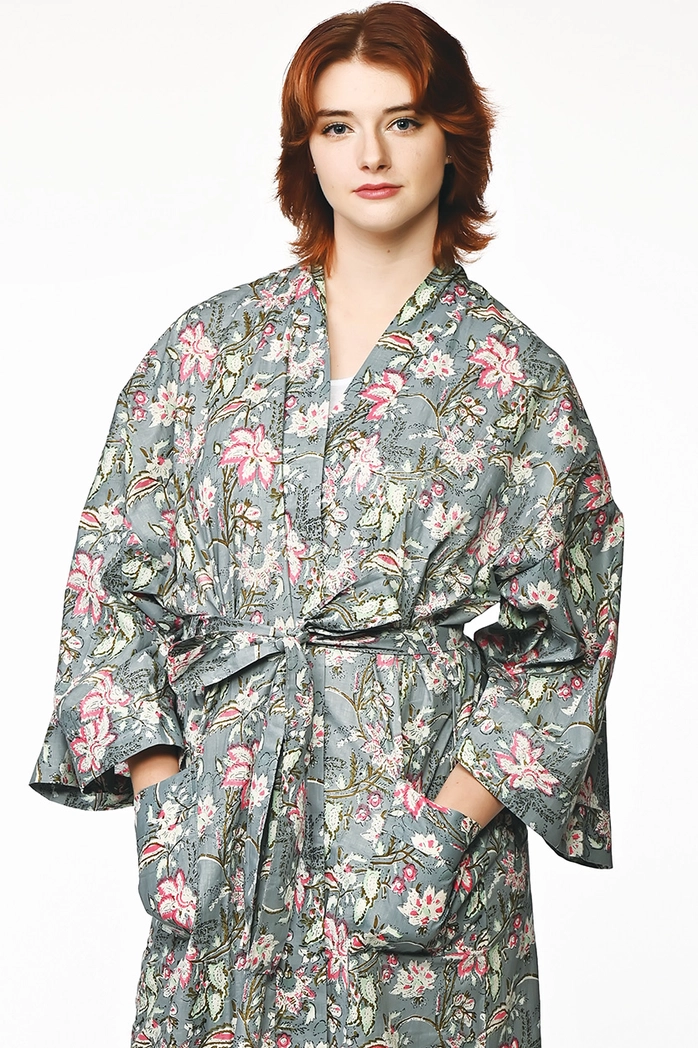 Silver Floral Kimona Robe